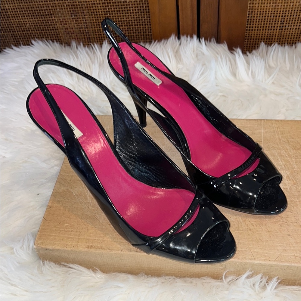 Miu Miu Black Patent Slingback Heels with Pink Insole